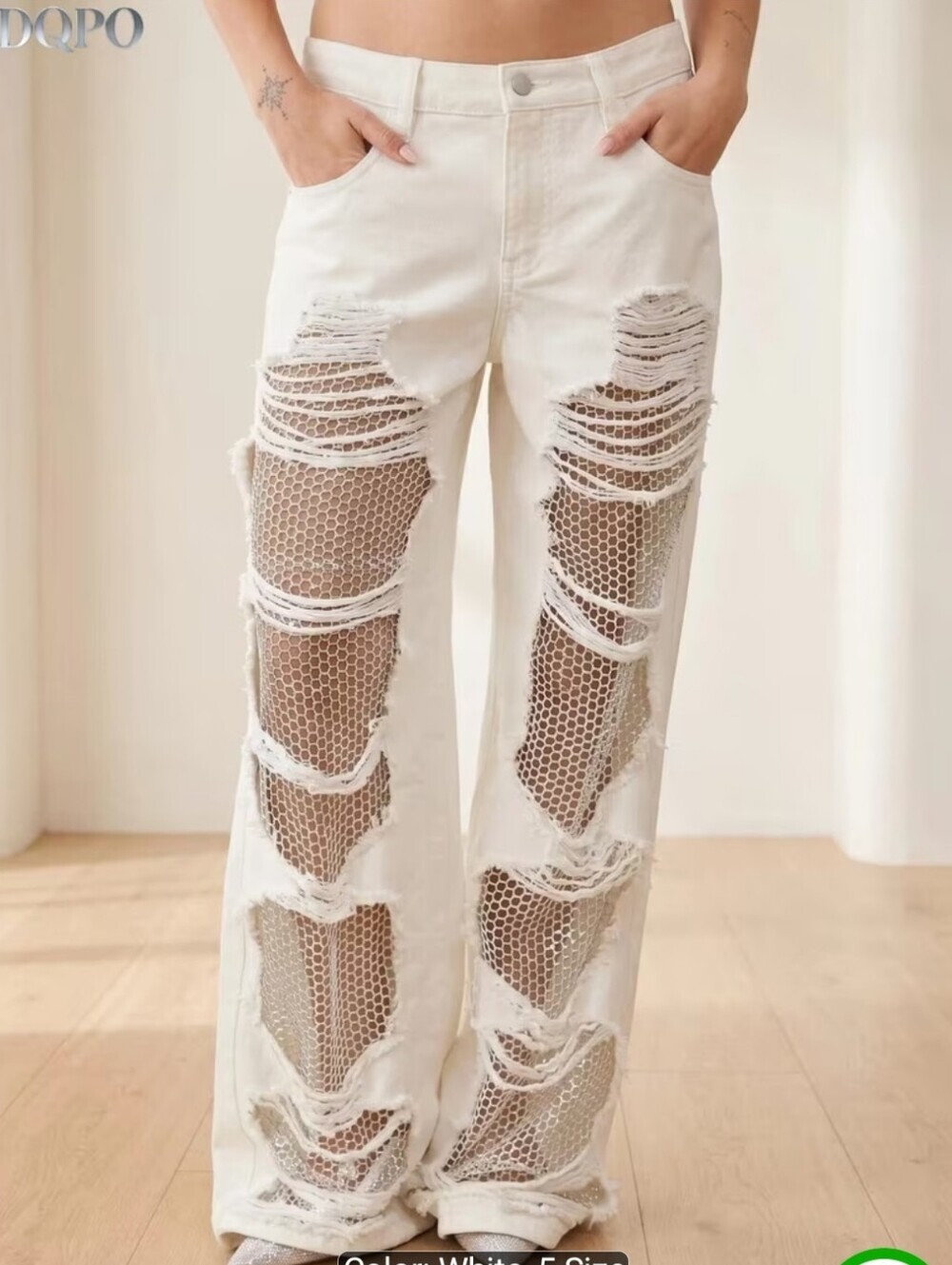 Women'S Perforated Mesh with Sexy Low-Stretch High-Waisted Jeans, White Elegant